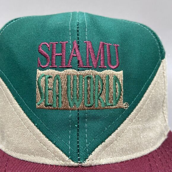 Vintage 90s SeaWorld Shamu Orca Snapback Hat Green Tan Burgundy Embroidered Logo - Picture 2 of 10